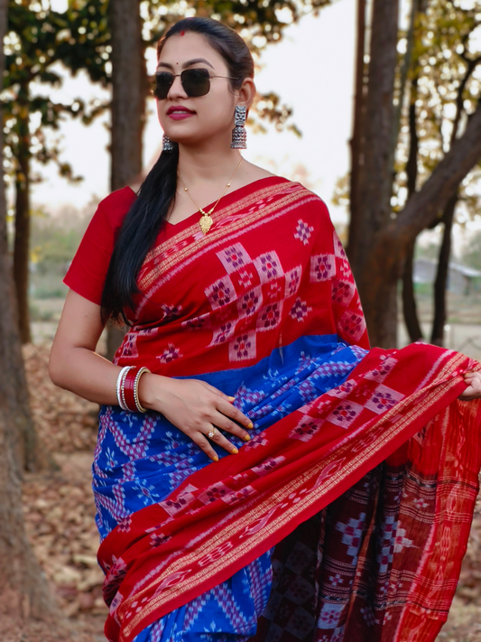 Sambalpuri Handloom Pure Cotton Saree RedBlue