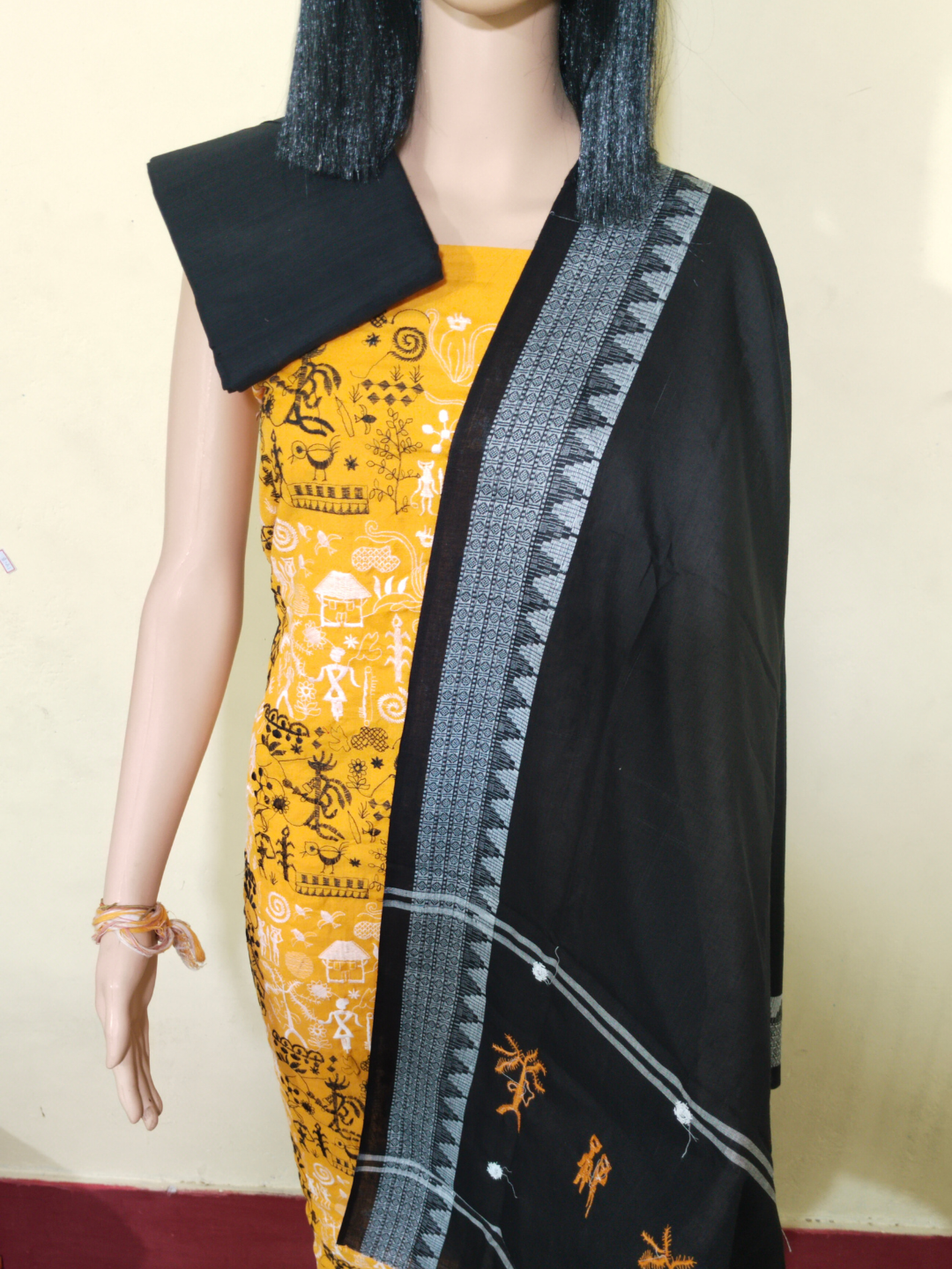 Box Tribal Embroidery Design Ladies Dress Material Yellow Black