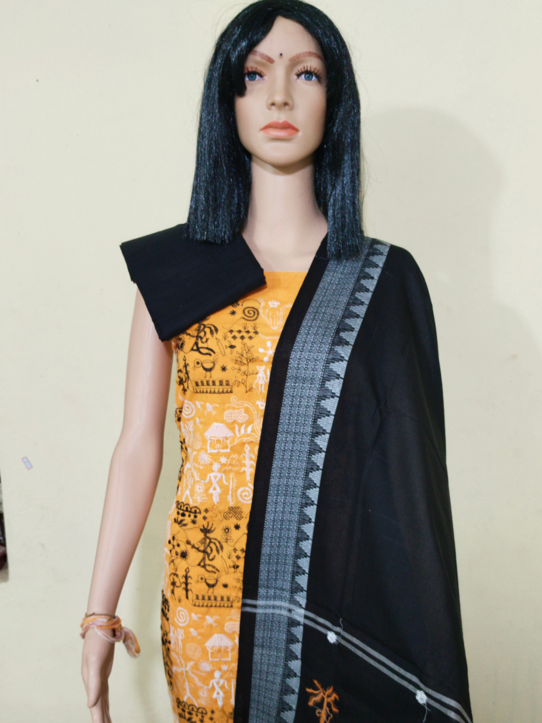 Box Tribal Embroidery Design Ladies Dress Material Yellow Black
