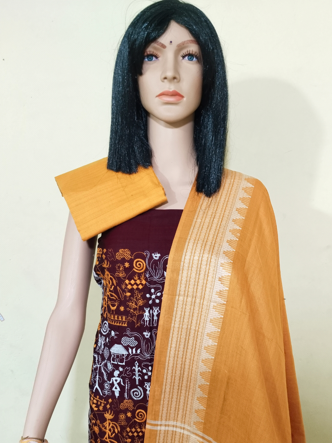 Box Tribal Embroidery Design Ladies Dress Material Red-Yellow