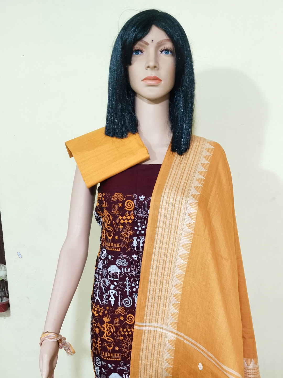 Box Tribal Embroidery Design Ladies Dress Material Red-Yellow