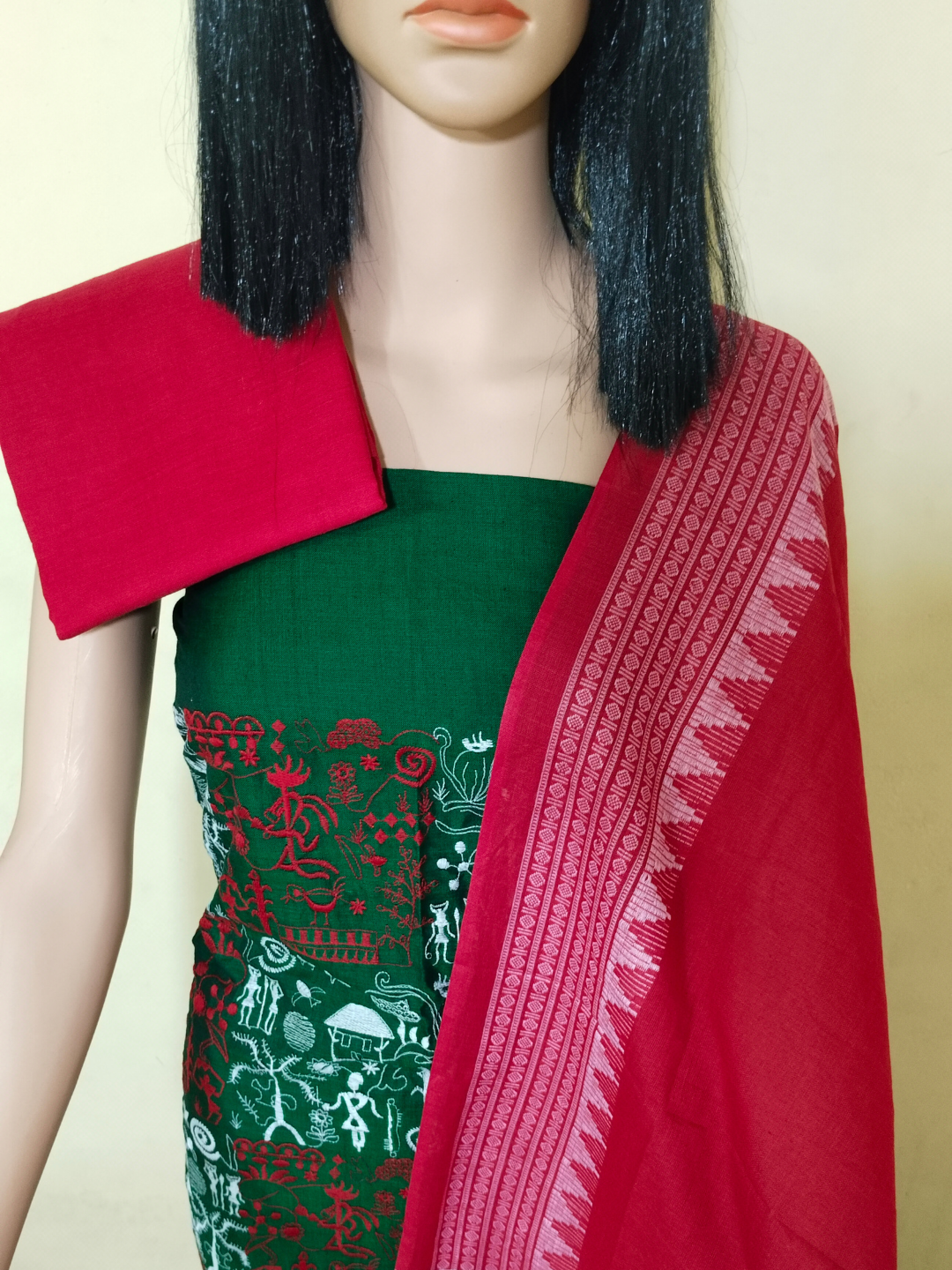 Box Tribal Embroidery Design Ladies Dress Material Green - Red