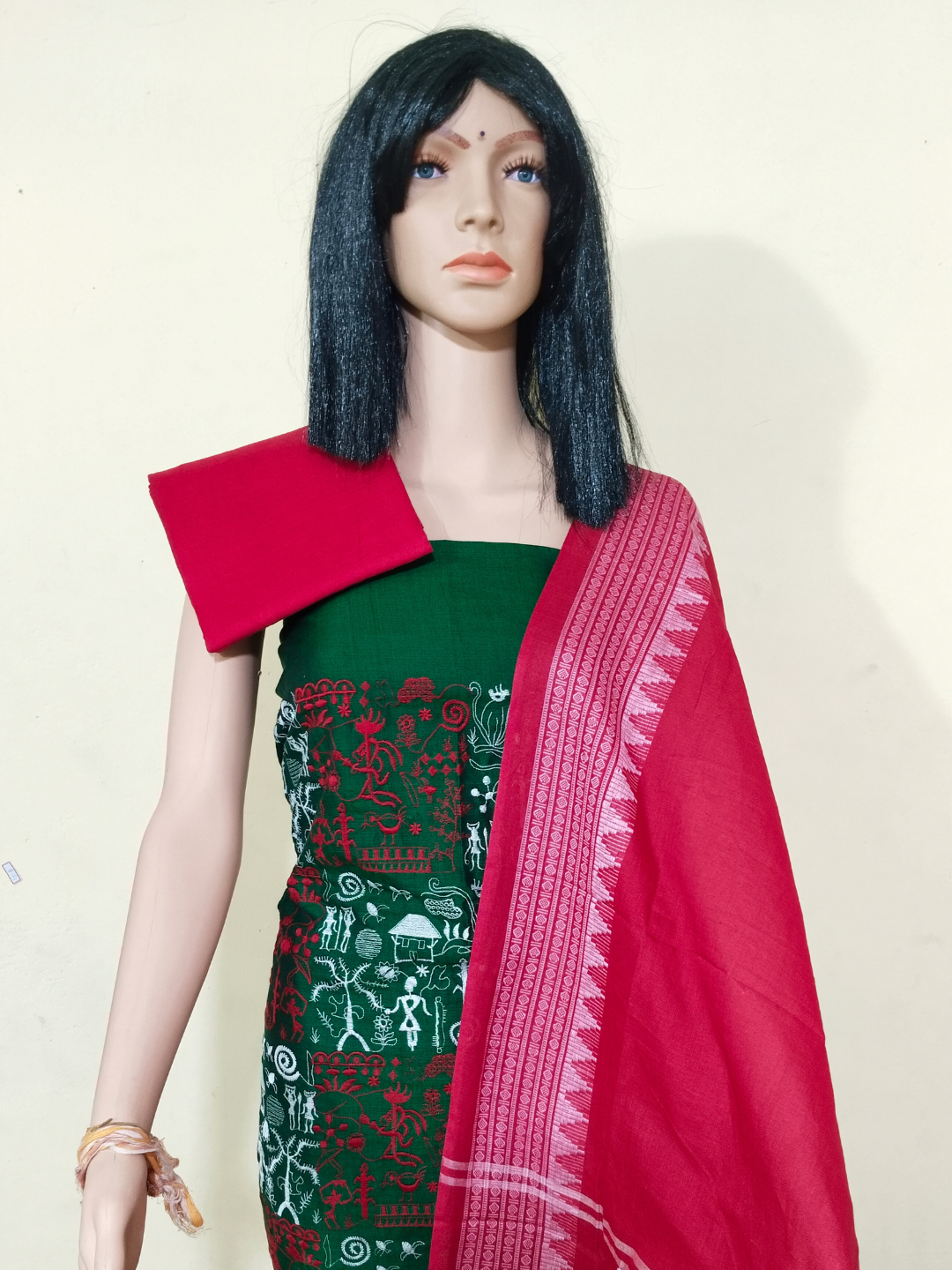 Box Tribal Embroidery Design Ladies Dress Material Green - Red