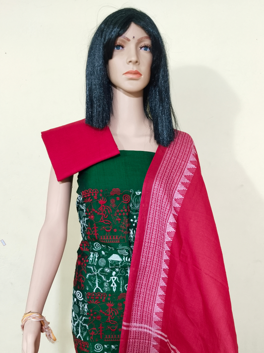 Box Tribal Embroidery Design Ladies Dress Material Green - Red