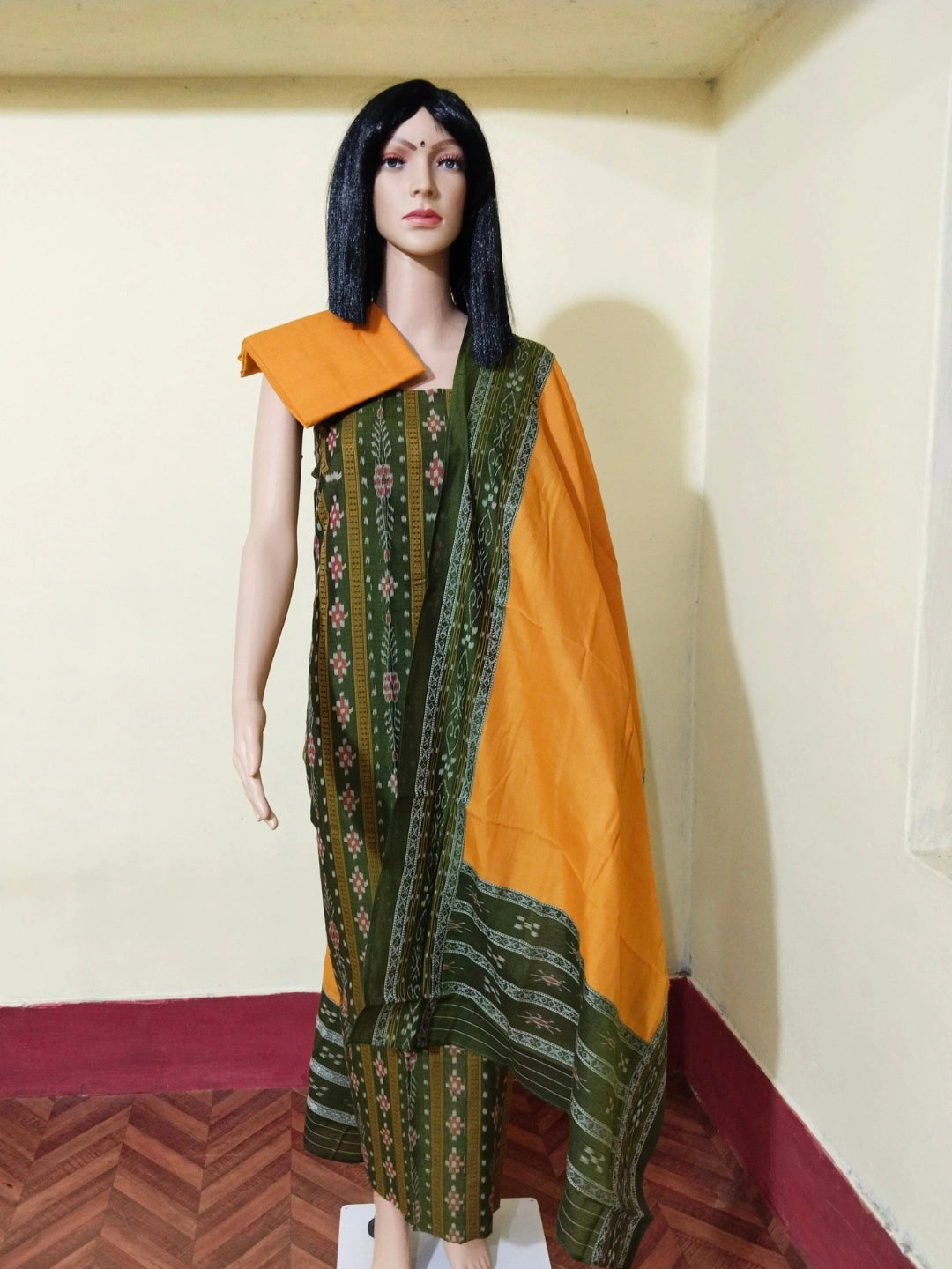 Pasapali Patchwork Design ladies dress material green orange