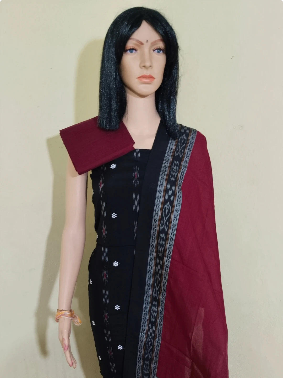 Tani buti Patchwork Design ladies dress material black-deepred