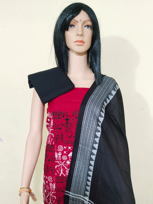 Box Tribal Embroidery Design Ladies Dress Material Red-Black