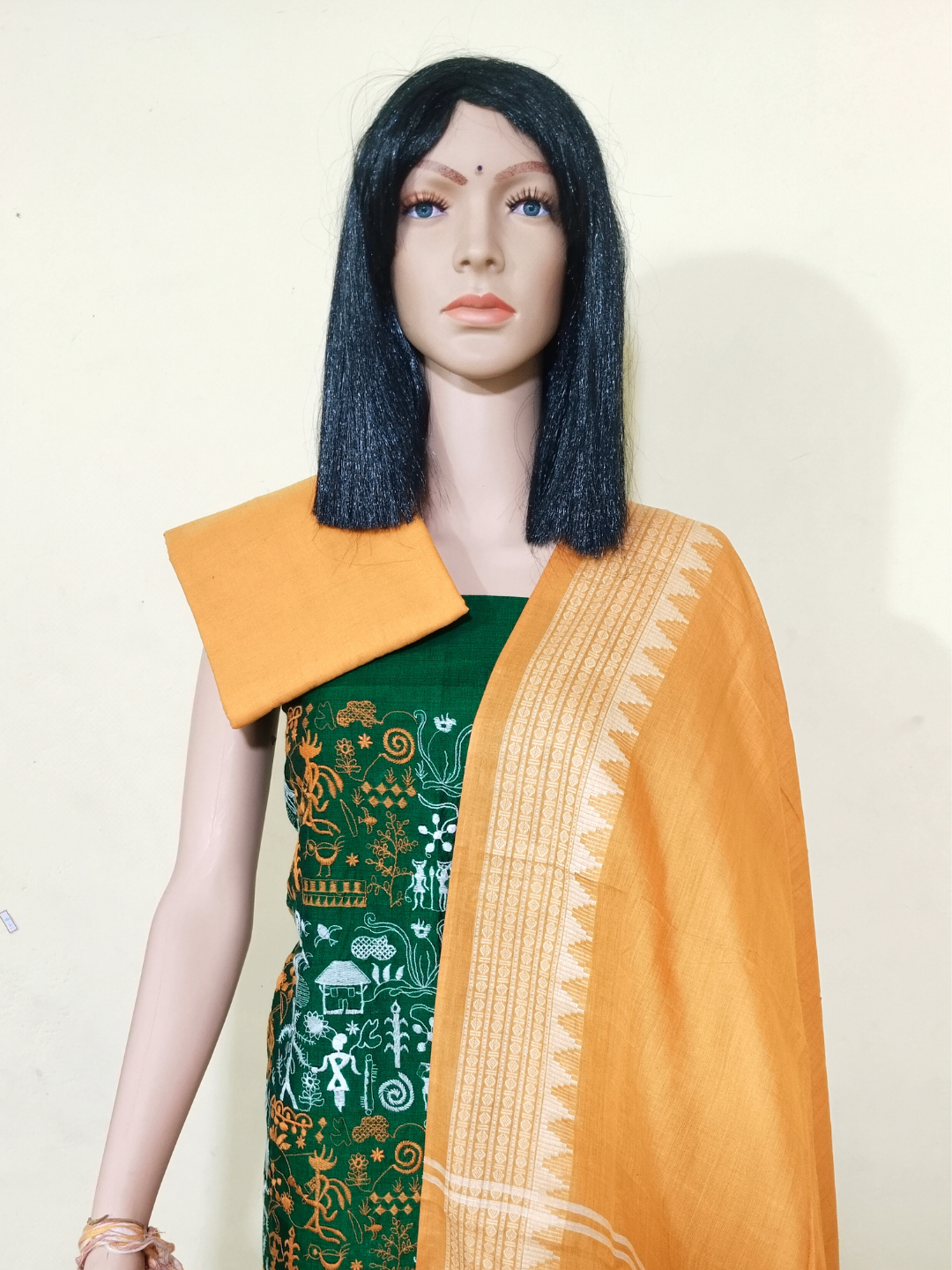 Box Tribal Embroidery Design Ladies Dress Material Yellow Green