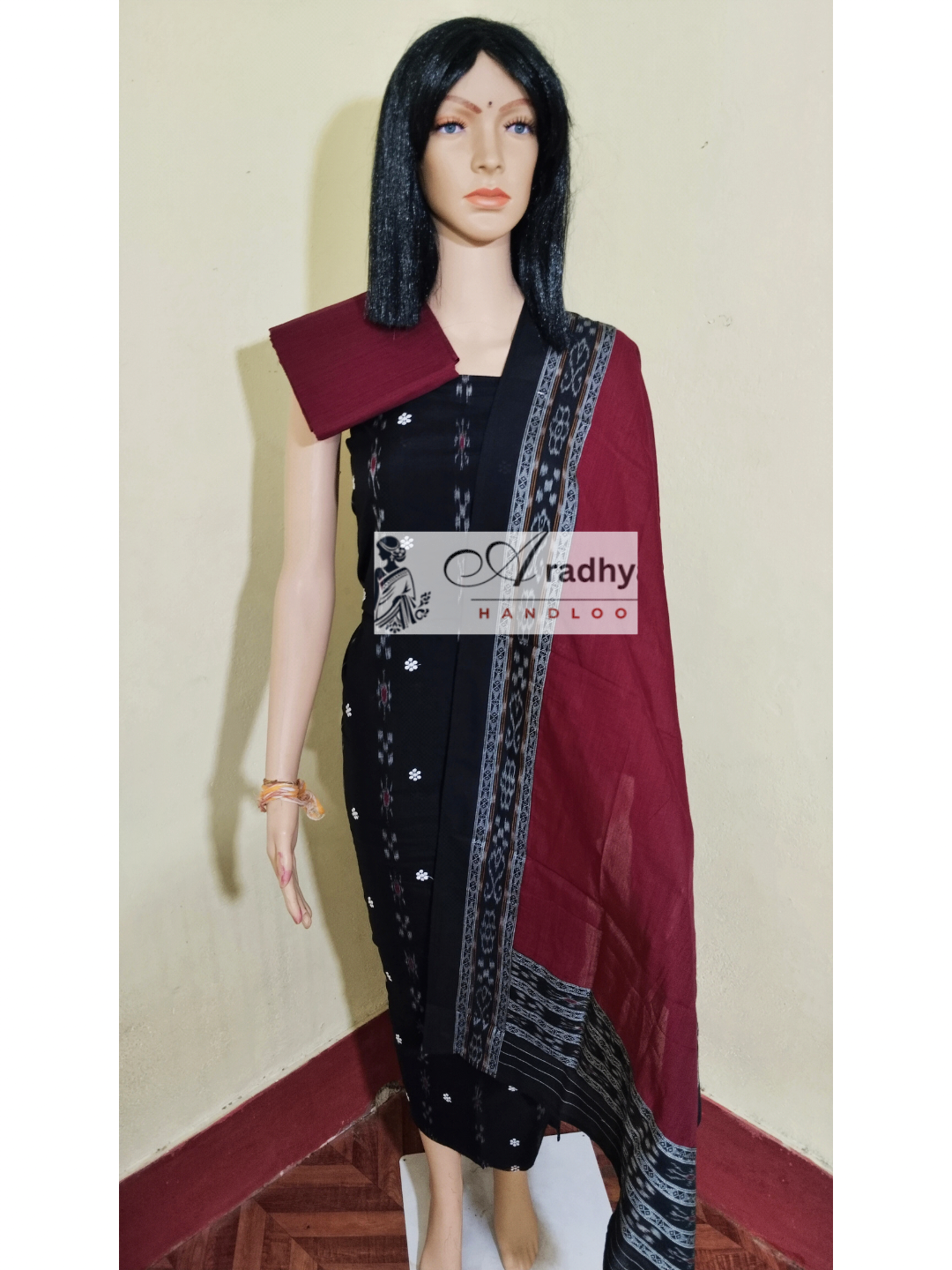 Tani buti Patchwork Design ladies dress material black-deepred