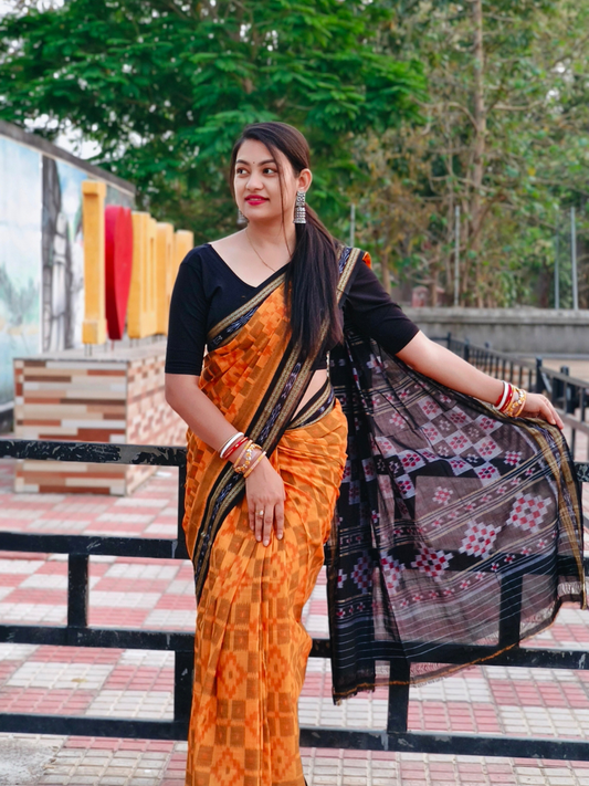 Sambalpuri Handloom Pure Cotton Saree Orange