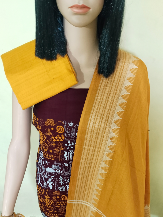 Box Tribal Embroidery Design Ladies Dress Material Red-Yellow