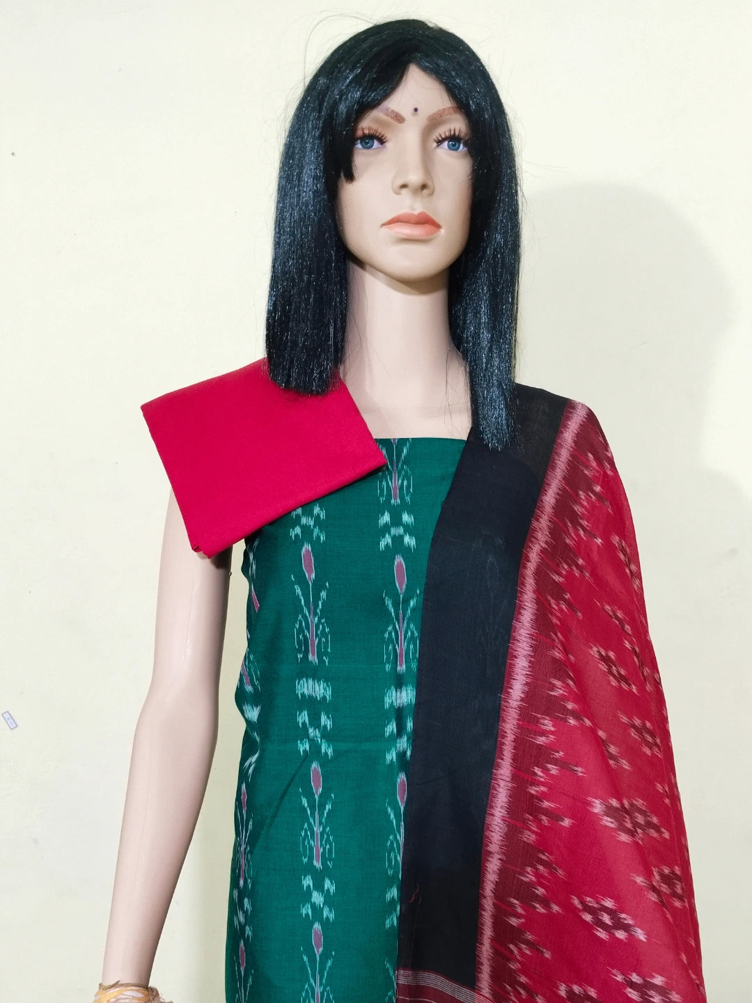 Sambalpuri handloom Design ladies dress material deepgreen red